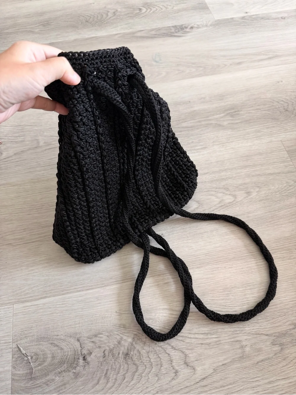 The Sak Black Crochet Drawstring Backpack Shoulder Bag